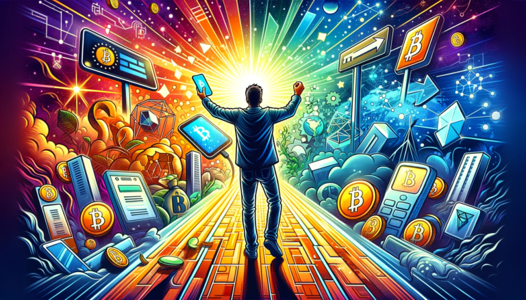 Tu je ilustračný obrázok, ktorý zachytáva podstatu cesty nadšeného a trochu rebélskeho jedinca do sveta Bitcoinu a blockchainovej technológie. Obrázok vyjadruje pocit prebudenia a oslobodenia prostredníctvom objavu Bitcoinu, symbolizujúc posilnenie a slobodu, ktoré prichádzajú s pochopením a využívaním kryptomeny.